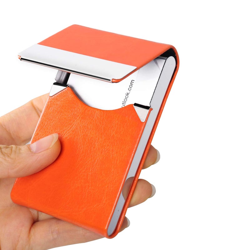 JuneLsy Business Card Holder Case - Professional PU Leather Business Card Case Metal Name Card Holder Pocket Business Card Carrier for Men & Women with Magnetic Shut (S-orange) - Image 1